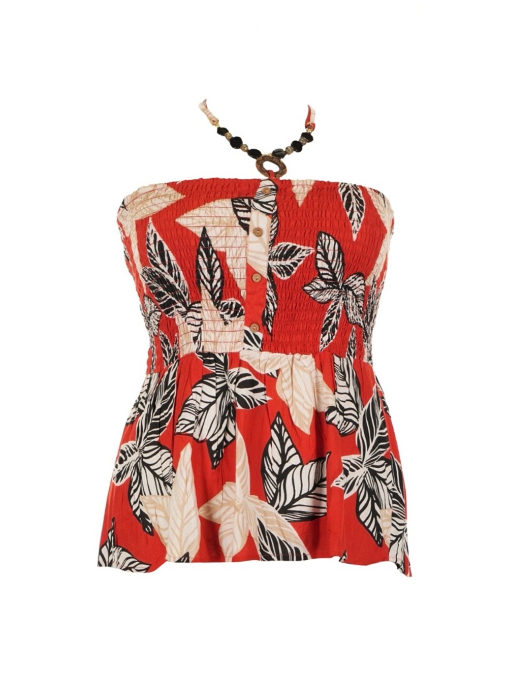 Cassee’s Red White Floral Smocked Tube Top Strapless Beaded Tie Tropical